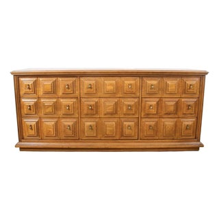 Mid Century Modern Credenza Server Buffet Stanley Oak 9 Drawers Cabinet 1970s For Sale