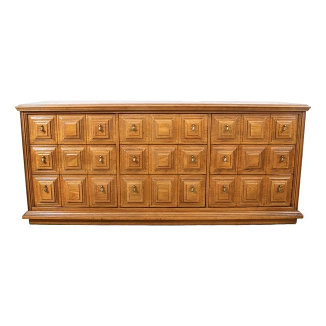 Mid Century Modern Credenza Server Buffet Stanley Oak 9 Drawers Cabinet 1970s For Sale