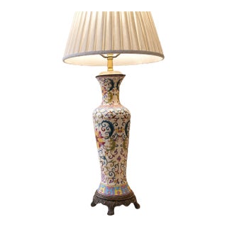 Vintage Bombay Company Hand-Painted Floral Ceramic Table Lamp, Ornate Chinoiserie Style, Antique Brass Base For Sale