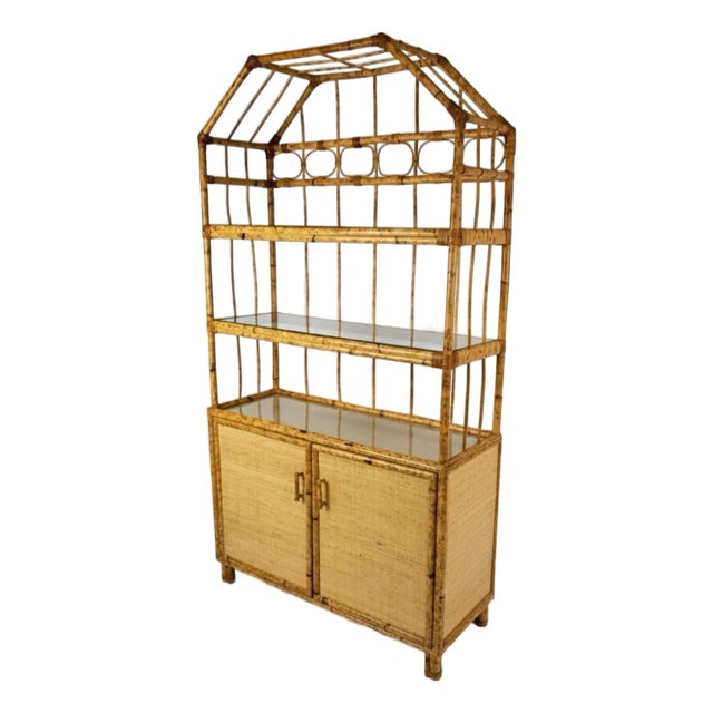 Vintage Rattan and Bamboo Étagère/Display Cabinet With Glass Shelves and Cane Base For Sale