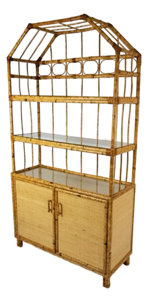 Vintage Rattan and Bamboo Étagère/Display Cabinet With Glass Shelves and Cane Base
