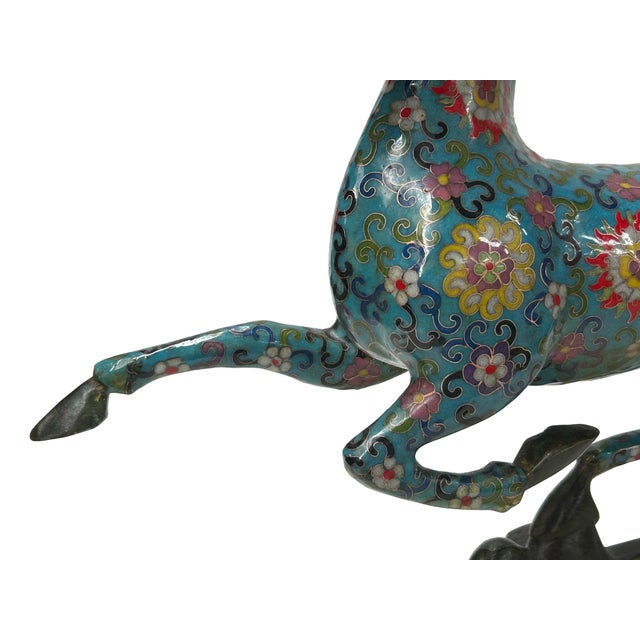 Turquoise Chinese Turquoise Teal Enamel Galloping Horse Treading on a Flying Swallow Metal Figure For Sale - Image 8 of 12