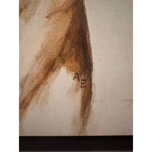 A figure rendered almost entirely in warm sepia and umber washes, the paint pooling and bleeding into the raw canvas...