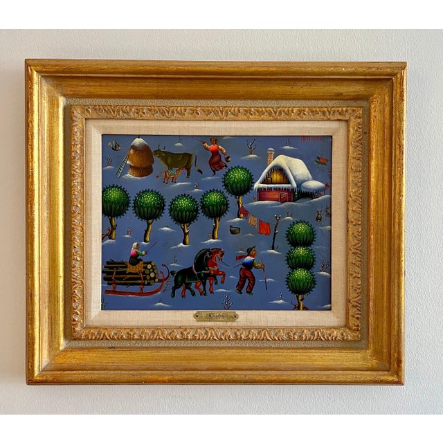 Ljubomir Milinkov, Folk Art Naive Oil Painting Ljubomir Milinkov Whimsical Pastoral Farm Landscape For Sale - Image 15 of 18
