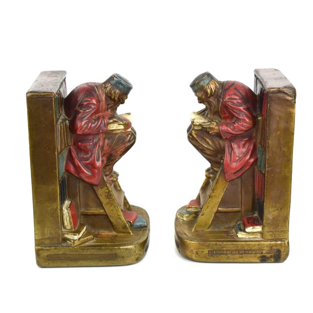 Metal Antique Rare Hand Painted Armor Bronze "The Bookworm" Polychrome Scholar on Library Ladder Bookends - A Pair For Sale - Image 7 of 14