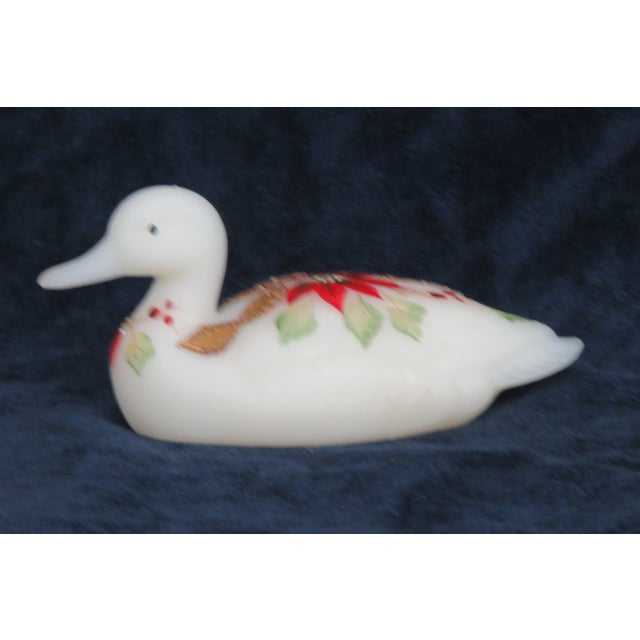 Late 20th Century Fenton Satin Glass Hand Painted Poinsettia Duck Christmas For Sale - Image 5 of 13