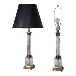 Pr. Columnar Form Glass and Brass Table Lamps For Sale