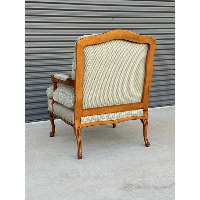 1970s Hickory White French Provincial-Style Bergère Armchair in Sage Green Brocade & Geometric Fabric For Sale - Image 11 of 14