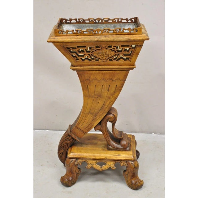 Vintage Carved Teak Wood Fretwork Figural Cornucopia Chinese Plant Stand Planter For Sale - Image 11 of 11