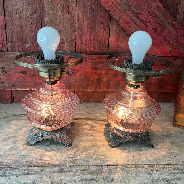 Pair of Vintage Pink Glass Hobnail Electric Lamps With Ornate Metal Bases - 10" High For Sale - Image 14 of 15