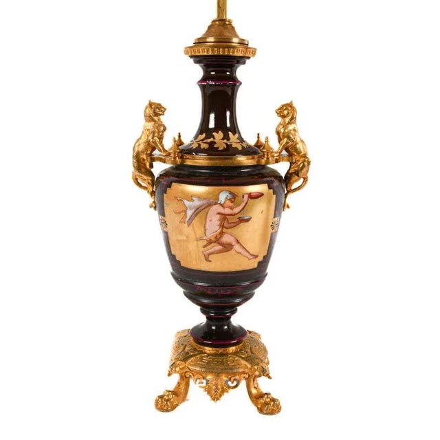 Mid 20th Century Mid 20th Century Pair of Vintage French Empire Revival Porcelain Urn Lamps, After Sèvres, With Gilt Bronze Mounts For Sale - Image 5 of 7