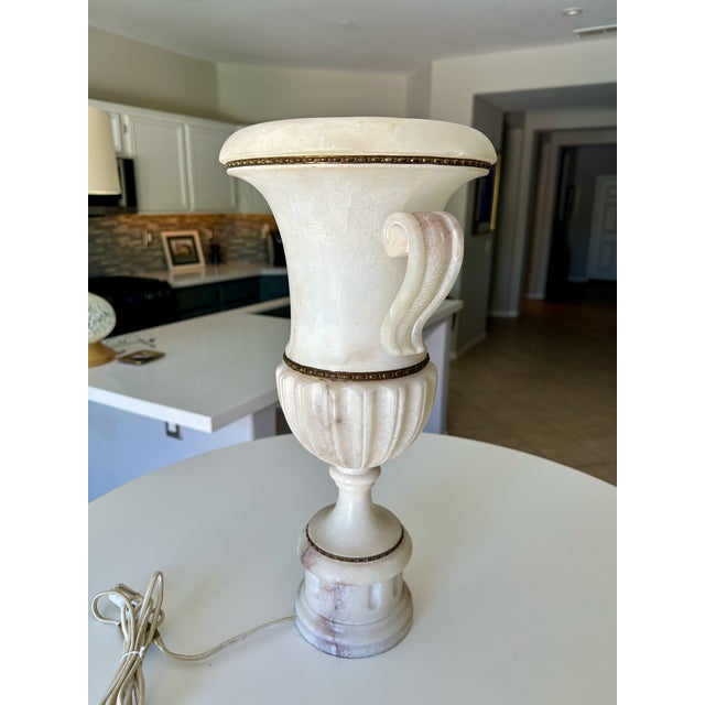 Single Italian Tall Alabaster and Brass Urn Handles Table Lamp For Sale - Image 10 of 18
