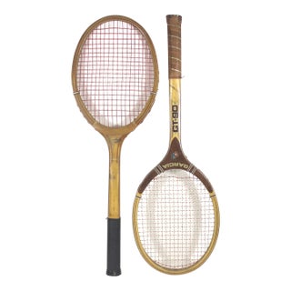 Curated Set of Antique Sport Tennis Rackets for Designer Decorating Wood Racquet Set of Two Sports Equipment Memorabilia For Sale