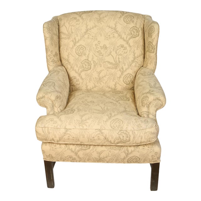 Upholstered English Mahogany Wingback Chair For Sale