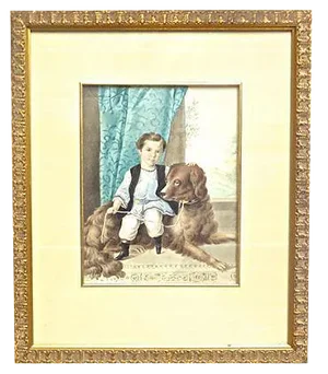 Antique Boy & Dog Portrait Watercolor Painting