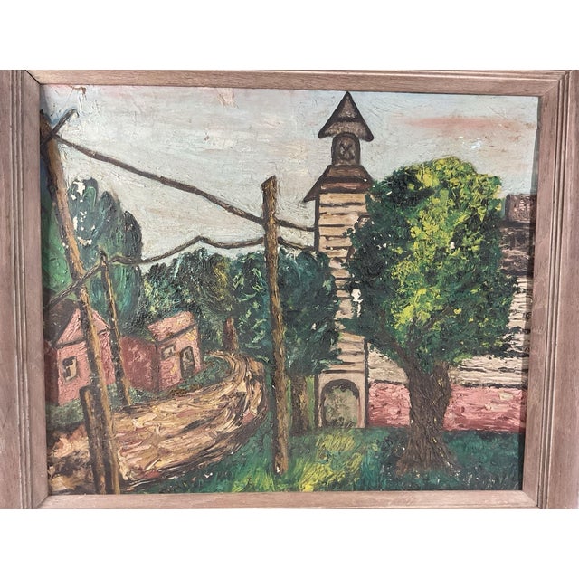 A captivating 1954 mid-century American expressionist village scene by artist Ethel G. Baum. Executed with thick, impasto-...