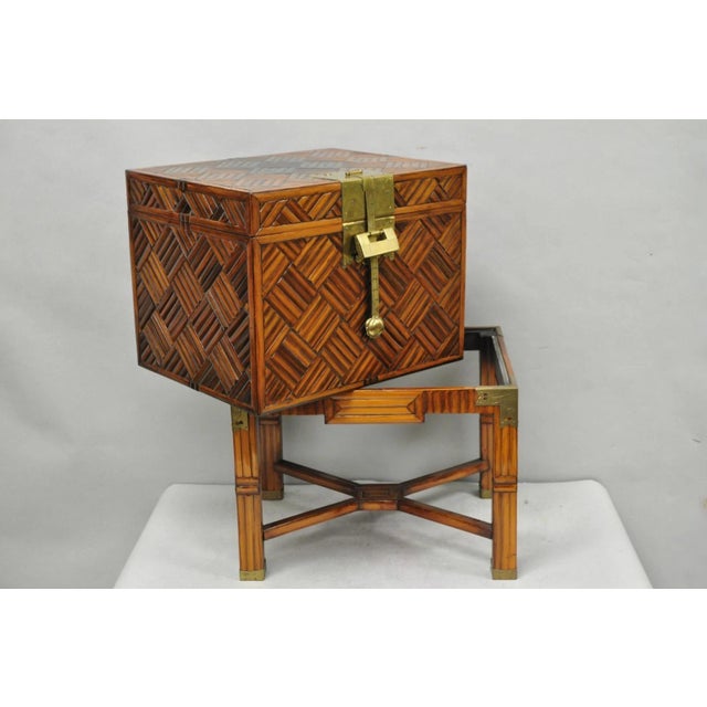 Late 20th Century Furniture Classics LTD Chinese Teak & Bamboo Campaign Chest Side Table on Stand For Sale - Image 17 of 18