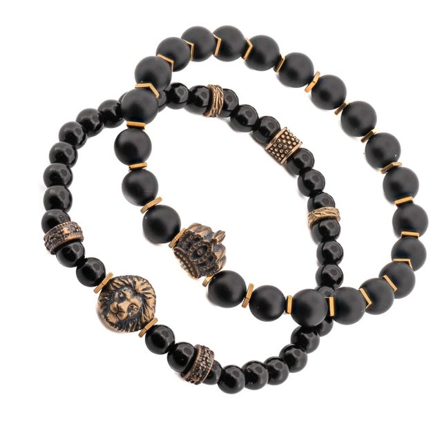 Modern Men's Black Onyx Stone Beaded Powerful Lion & King Charms Bracelet Set For Sale - Image 3 of 7