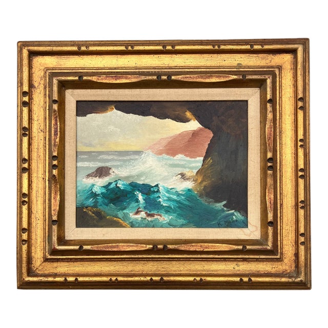 1970’s Original Rocky Seascape Painting Chunky Carved Wood Frame Signed For Sale