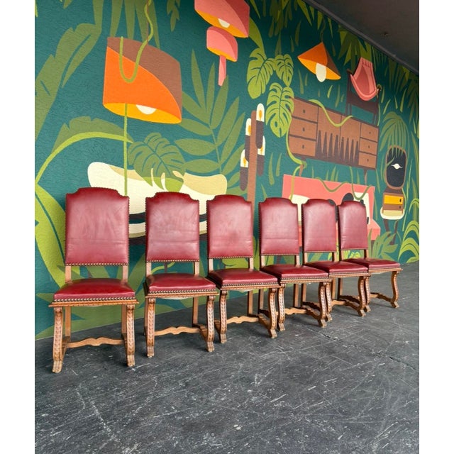 Red Spanish Revival Leather Dining Chairs - 6 For Sale - Image 8 of 13