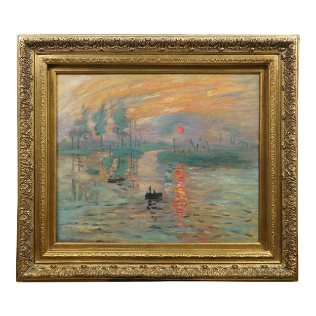 Late 20th Century Impression Sunrise Soleil Levant Boat Seascape Oil Painting After Claude Monet For Sale