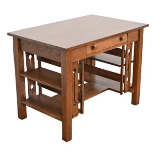 Stickley Brothers Style Antique Mission Oak Arts & Crafts Desk With Built-In Bookcases, Newly Refinished For Sale