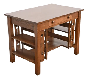 Stickley Brothers Style Antique Mission Oak Arts & Crafts Desk With Built-In Bookcases, Newly Refinished