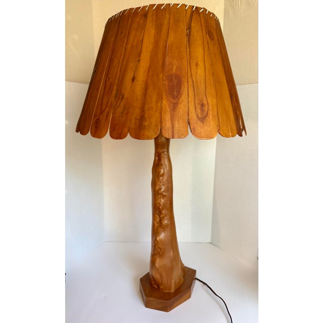 Brown Rustic Folk Art Cypress Knee Table Lamp With Sculpted Wood Slat Shade For Sale - Image 8 of 12
