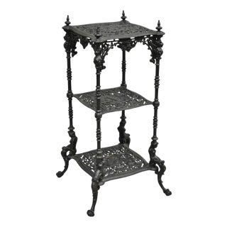 Antique French Renaissance Victorian Cast Iron Figural 3 Tier Plant Stand Table For Sale