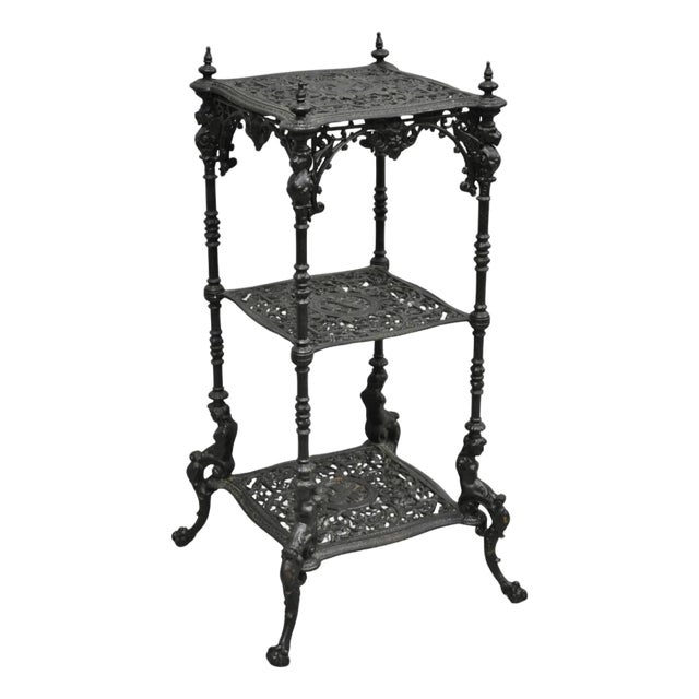 Antique French Renaissance Victorian Cast Iron Figural 3 Tier Plant Stand Table For Sale