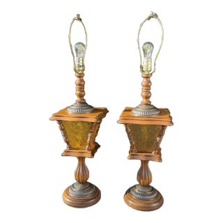 Vintage Matching Wood Table Lamps With Amber Glass Night Lights - a Pair For Sale