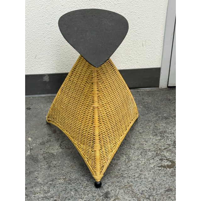 Wood Post Modern Marble + Wicker Side Table For Sale - Image 7 of 12