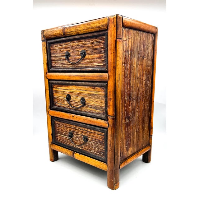 Wood Vintage Bamboo 3-Drawer Tabletop Storage Cabinet or Plant Stand – Organic Modern / Tropical For Sale - Image 7 of 12