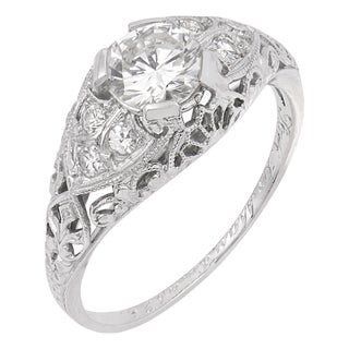 1930s Art Deco Diamond Platinum Engagement Ring, Size 5.5 For Sale