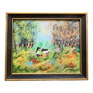 1960’s Original Enamel Painting Children Picking Flowers For Sale