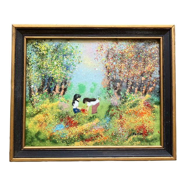 1960’s Original Enamel Painting Children Picking Flowers For Sale