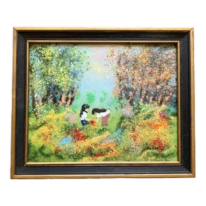 1960’s Original Enamel Painting Children Picking Flowers