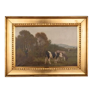 Large Original Oil on Canvas Antique Painting of Boy & Cows, Signed P. Steffenson
