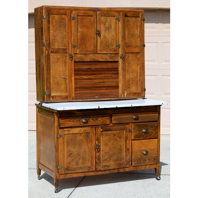 1920s Antique Early 1900s Hoosier Cabinet Dutch Kitchenet Solid Wood Enamel Pull-Out Work Surface Coppes Brothers & Zook Original Hardware For Sale - Image 5 of 15