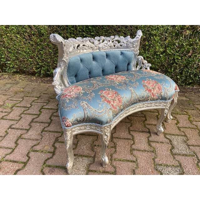 1970s French Louis XVI Blue Silver Beech Settee 1 Pc For Sale - Image 6 of 15