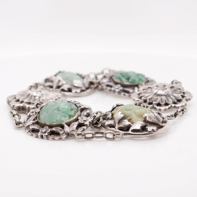 Vintage Signed Art Deco Chinese Sterling Silver & Jadeite Bracelet For Sale - Image 9 of 12