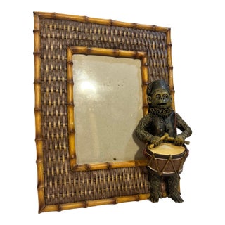 Vintage Palm Beach Regency Bell Hop Monkey Playing Drummer Picture Frame With Faux Bamboo and Wicker Accents For Sale