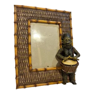 Vintage Palm Beach Regency Bell Hop Monkey Playing Drummer Picture Frame With Faux Bamboo and Wicker Accents