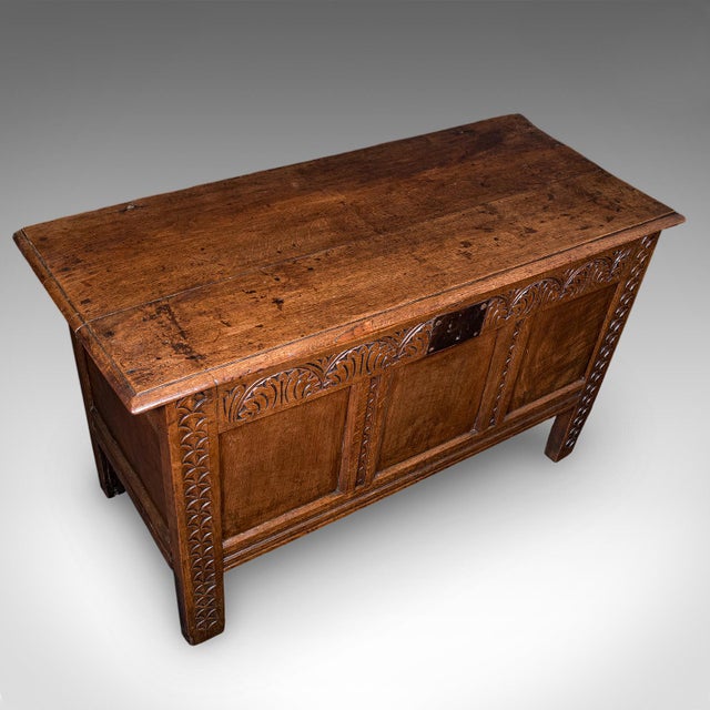 Wood Antique Coffer, English, Oak, Linen Chest, Bay Window Seat, Early Georgian, 1720 For Sale - Image 7 of 12