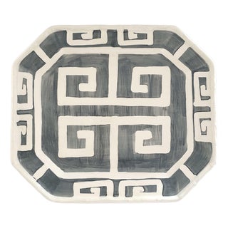 Greek Key Border Octagonal Platter in Graphite - The Mane Lion, Hand-Painted Italian Ceramic For Sale