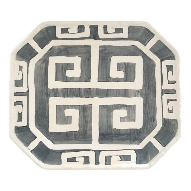 Greek Key Border Octagonal Platter in Graphite - The Mane Lion, Hand-Painted Italian Ceramic For Sale