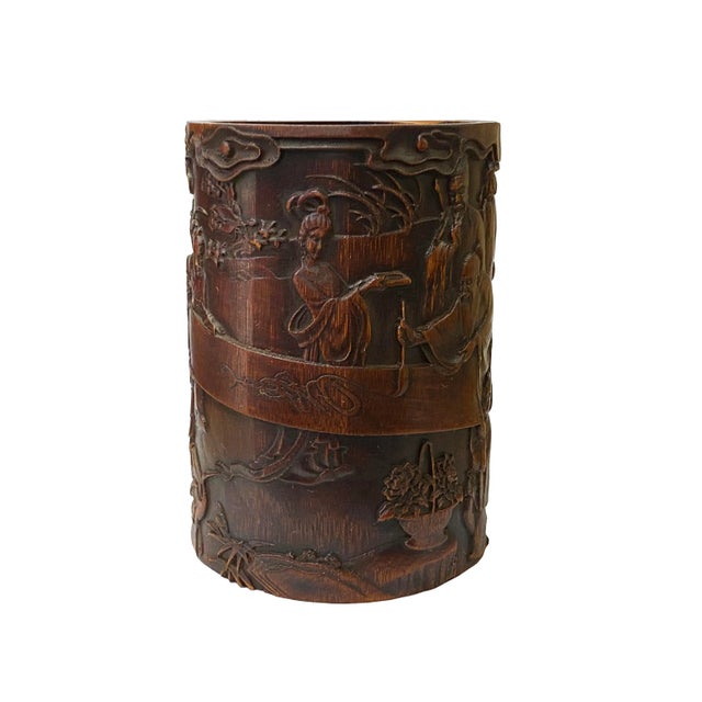 Wood Chinese Bamboo Relief Scholars Motif Carving Brush Pen Holder Art For Sale - Image 7 of 7