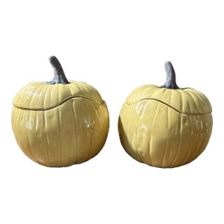 1990s Crate & Barrel Ceramic Pumpkin Bowls & Lids B. Eigen Harvest Fall-Set of 2 For Sale