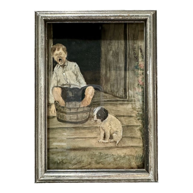 Antique w.c. Vincent Miniature Watercolor Painting Boy Wash Tub Dog Framed For Sale