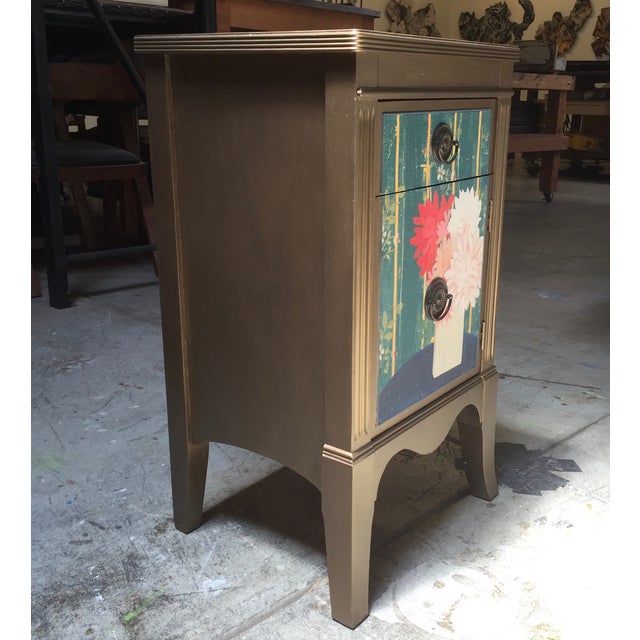 Metallic Gold Nightstand With Floral Linen Panel Chairish